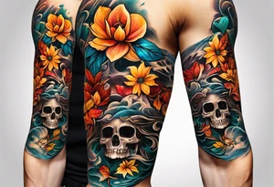 arm sleeve with fall colors, flowers, water flow shapes, leaves and various natural shapes, music notes, skulls tattoo idea