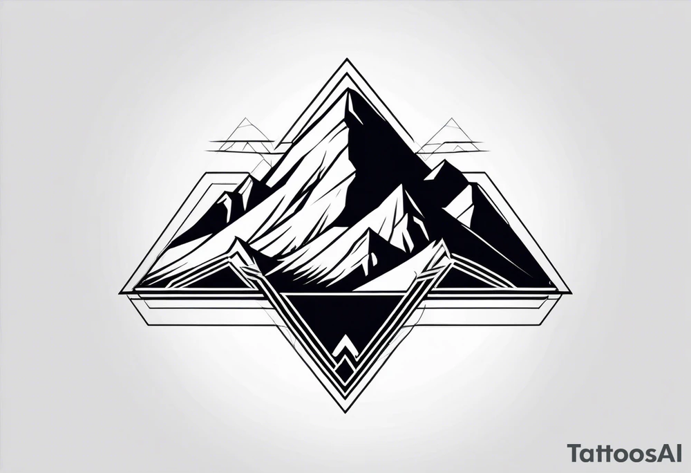 A minimalistic image of a mountain landscape enclosed in a triangle. Clear lines, two layers for depth. tattoo idea