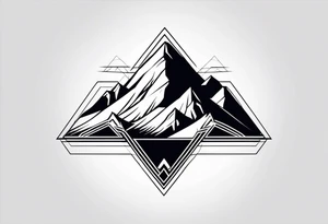 A minimalistic image of a mountain landscape enclosed in a triangle. Clear lines, two layers for depth. tattoo idea