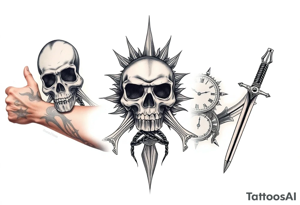 Skull and crossbones, sun, clock face, dagger tattoo idea