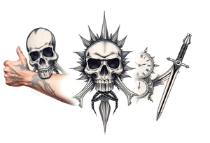 Skull and crossbones, sun, clock face, dagger tattoo idea