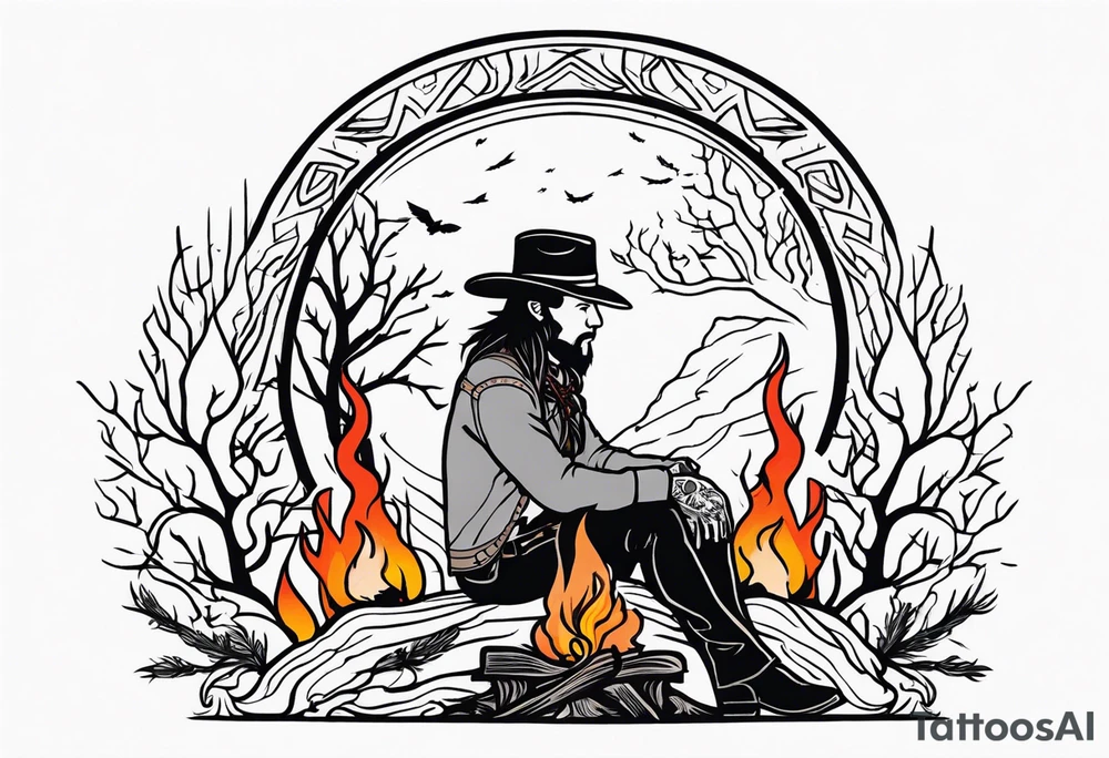 ghostly cowboy sitting in front of a fire with the tree of life behind him and a wolf and a raven tattoo idea