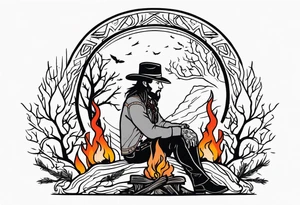 ghostly cowboy sitting in front of a fire with the tree of life behind him and a wolf and a raven tattoo idea
