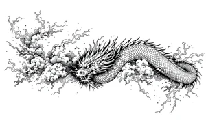 storm clouds and lightning mixed throughout, eastern dragon wrapping around the arm with head at the inside wrist, tattoo idea