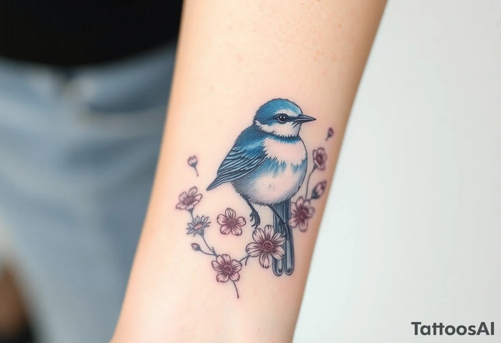 Puffy bluebird surrounded by wild flowers tattoo idea