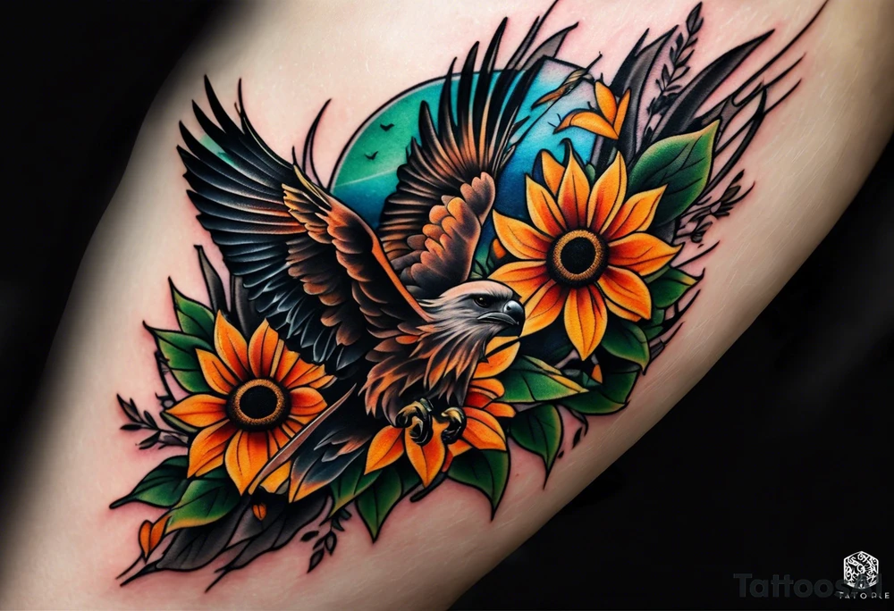 Small inside arm tattoo. Black kite (Daya's name), nature (trees/flowers), rock/metal vibe, sunflower. tattoo idea