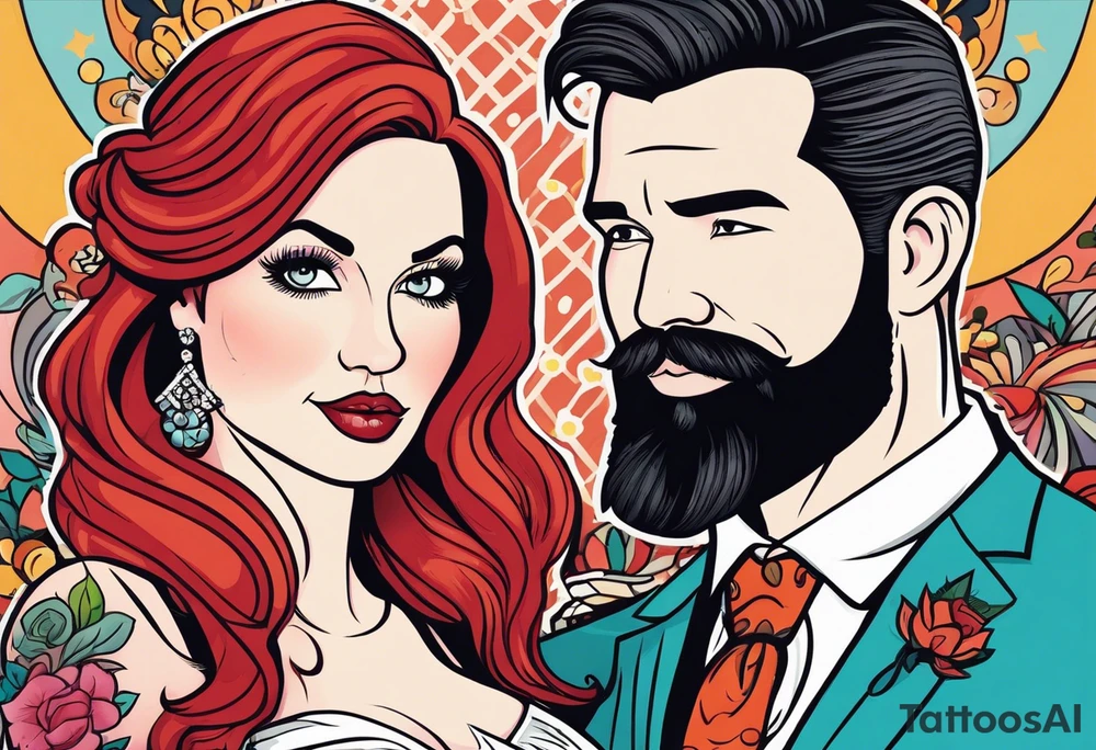 Busty red haired woman with a bearded man who has black hair getting married tattoo idea