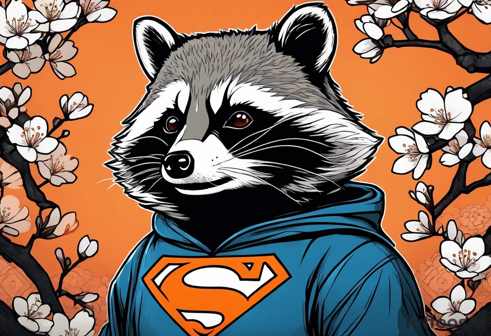 raccoon wearing a black and white Superman hoodie and orange Japanese cherry blossoms tattoo idea