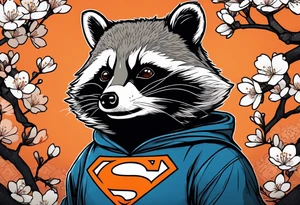 raccoon wearing a black and white Superman hoodie and orange Japanese cherry blossoms tattoo idea