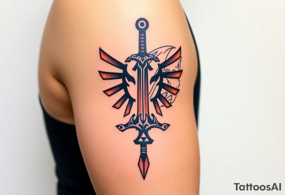 1. Theme: The Legend of Zelda: specifically Link and Zelda
2. Placement: Left Upper Arm
3. Style: Breath of the Wild (in color)
4. Elements to include: Master Sword in center facing up (handle at the bottom), with triforce symbol at the bottom of the blade), Link‘s face on one side, looking away from the sword, Zelda on the other side of the sword, looking in the other direction
5. size: full upper arm covered tattoo idea