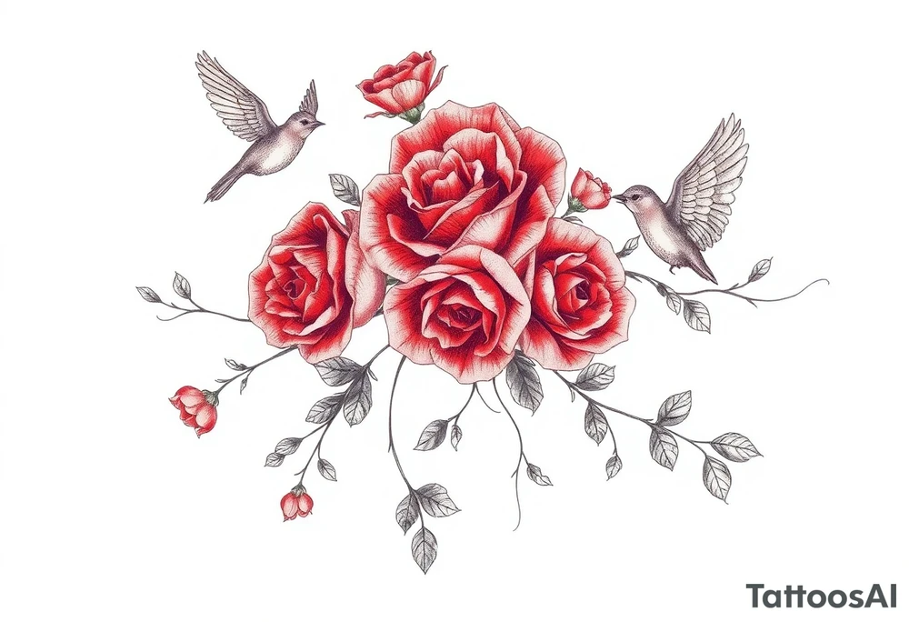 Vintage lace, red roses, red birds, vintage tattoo idea