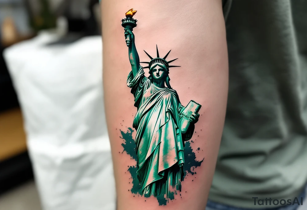 The Statue of Liberty in fine-line detail with a green patina wash, symbolizing hope and freedom. tattoo idea
