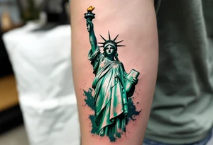 The Statue of Liberty in fine-line detail with a green patina wash, symbolizing hope and freedom. tattoo idea