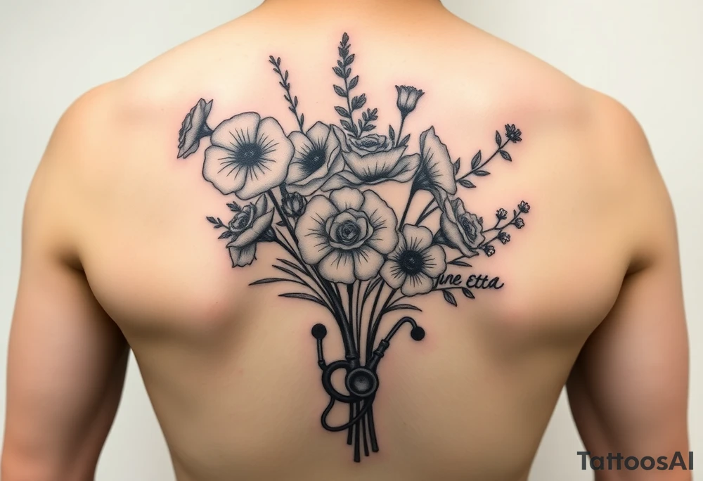 6 inches tall by 4 inches wide approximately, black and white tattoo with a bouquet of hollyhocks, one wild rose, and two wild flowers, put a stethoscope along the side without putting it into the bouquet and the name June Etta , make the tattoo taller than it is wide, make the bouquet have a bow towards the bottom holding the flowers like they had just been picked from the garden still with the stethoscope along the side tattoo idea