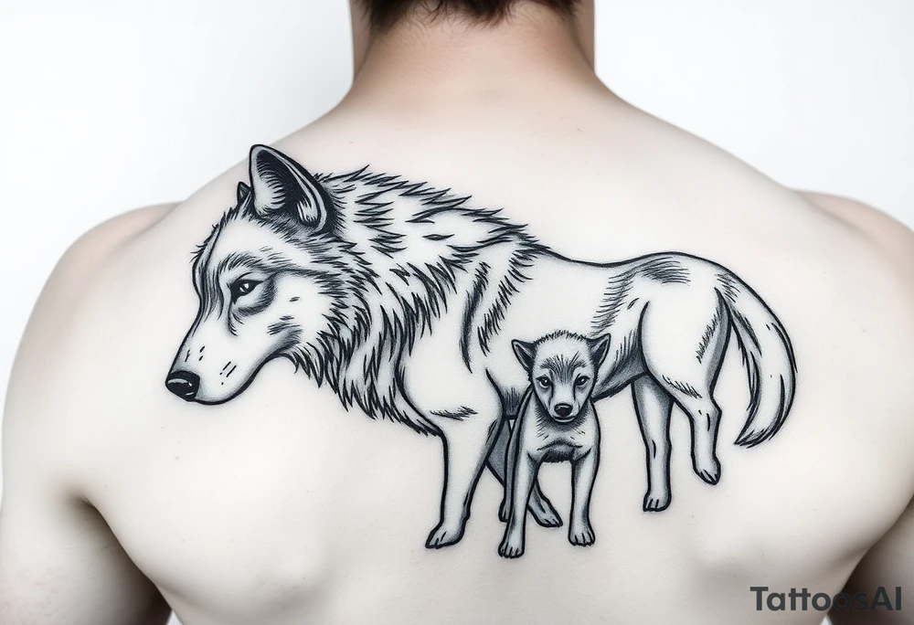 A solitary yet sublime and noble wolf and its progeny. tattoo idea