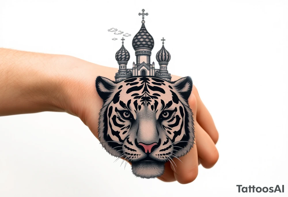 Realistic tiger face on the back of the hand with strong contrast and fine detail with hollow black eyes. with a highly detailed Russian Orthodox cathedral sitting above on fore arm with onion domes and orthodox crosses, done in fine line, engraving-like style. Cohesive composition, black ink only, no color, high contrast, slightly aged, documentary-style, plain light background. with clouds above and a virgin mary tattoo idea