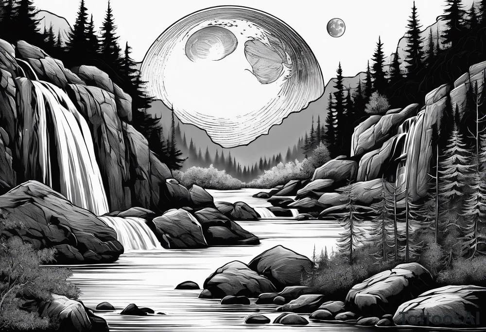 Waterfall with nature and the moon and the a wolf tattoo idea Waterfall with nature and the moon and the a wolf tattoo idea
