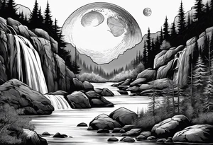 Waterfall with nature and the moon and the a wolf tattoo idea
