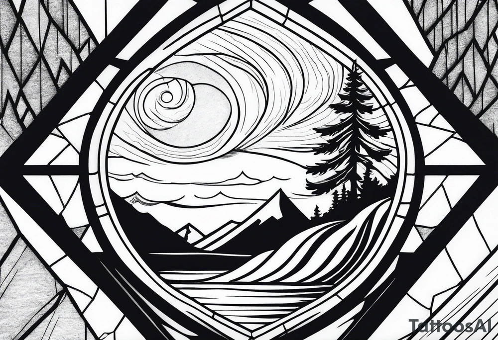 a rhombus shaped window with waves crashing on a mountain and tress. 3 stars are in the sky tattoo idea