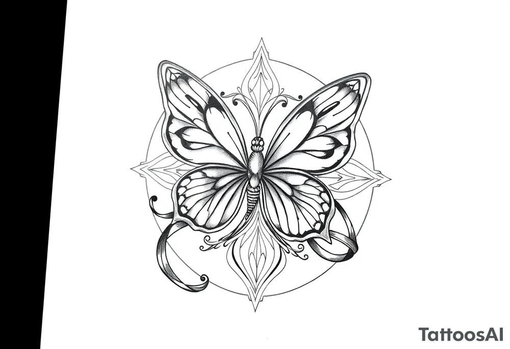 ethereal butterfly with flowing silk ribbons in geometric mandala tattoo idea