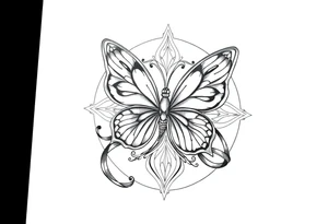 ethereal butterfly with flowing silk ribbons in geometric mandala tattoo idea