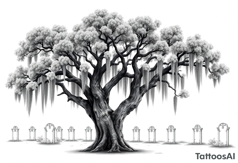 Laurel oak with Spanish moss in a cemetery tattoo idea