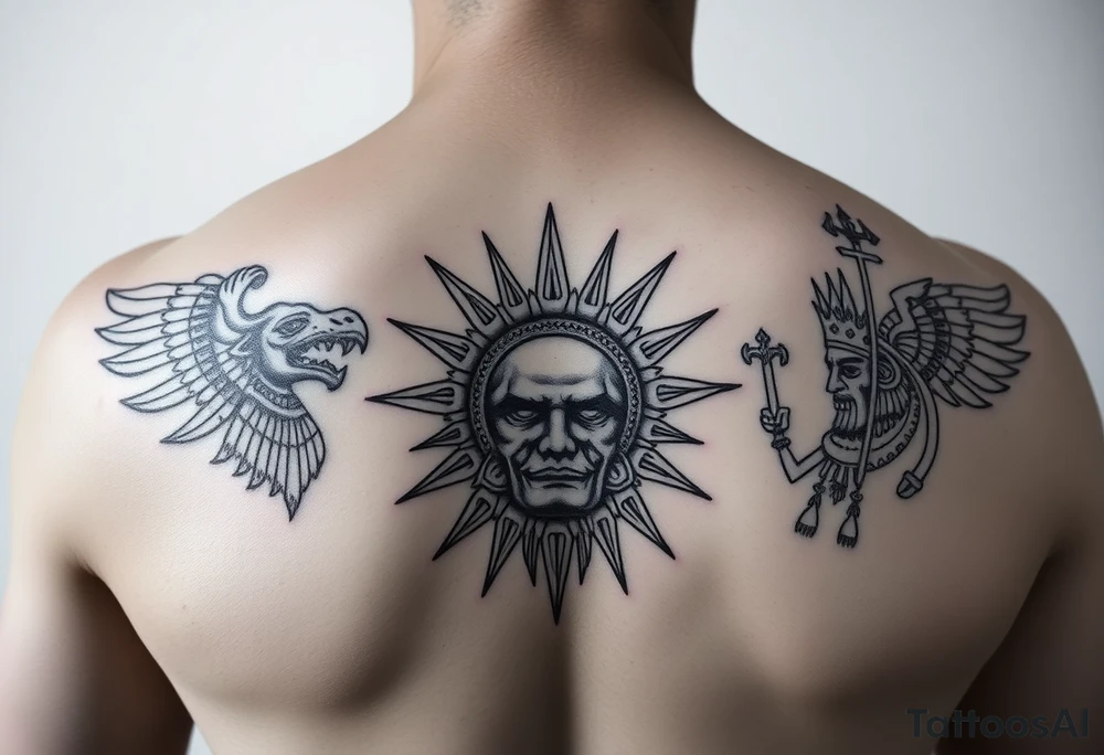 Curicaueri the sun god with purépecha line designs and Cuitzeo the war god tattoo idea