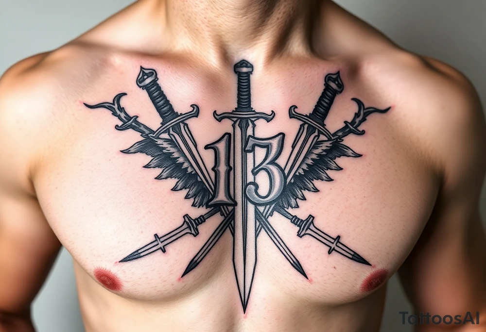 The Number 13, The Toledo Mudhens Baseball Team, And Demonic And Midevel dagger Featurs Made Into A Big Family Crest Tattoo On A Masculine guy that looks bad ass and unique. tattoo idea
