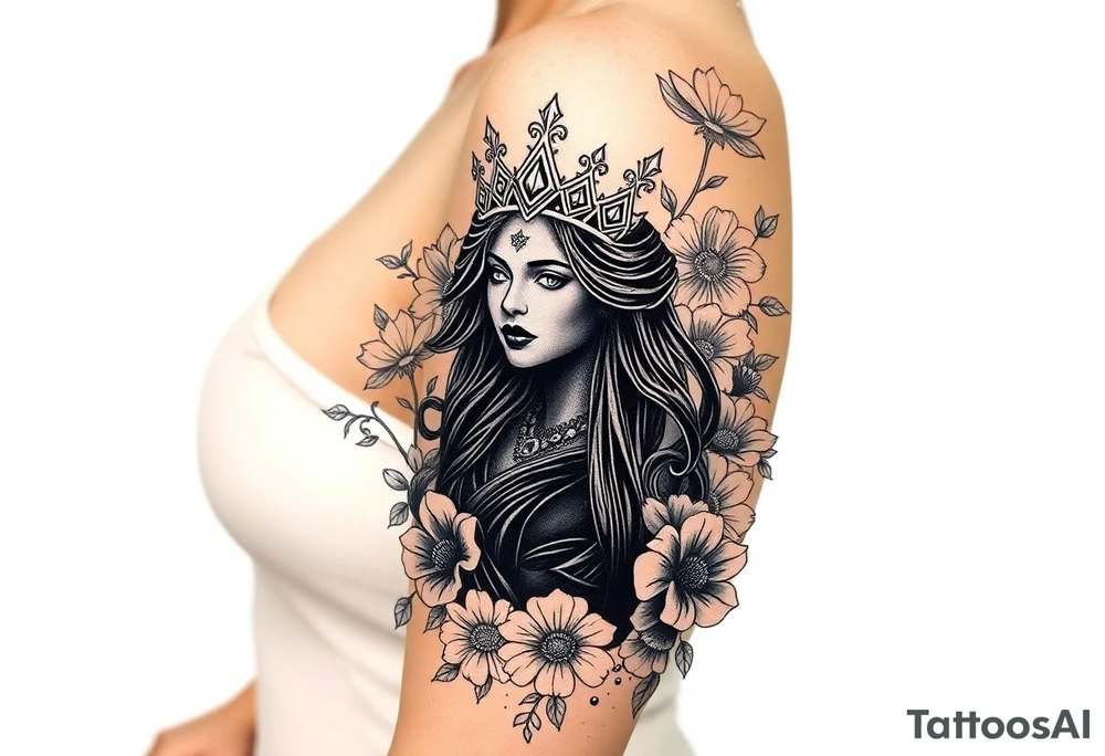 Powerful black queen surrounded by angles in a bed of flowers tattoo idea