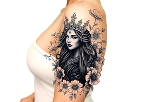 Powerful black queen surrounded by angles in a bed of flowers tattoo idea