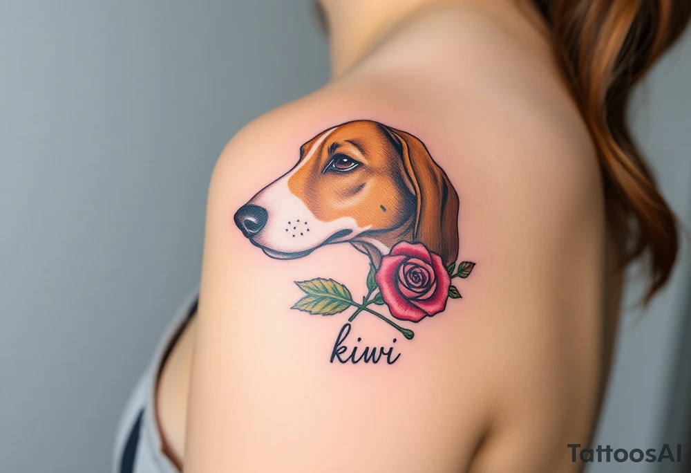 female  hound dog brown  Brindle with white strip going up snout   Slightly off center dog with the name kiwi . And a tiny rose around her . With her ears pointy a little big tattoo idea