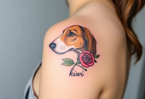 female  hound dog brown  Brindle with white strip going up snout   Slightly off center dog with the name kiwi . And a tiny rose around her . With her ears pointy a little big tattoo idea