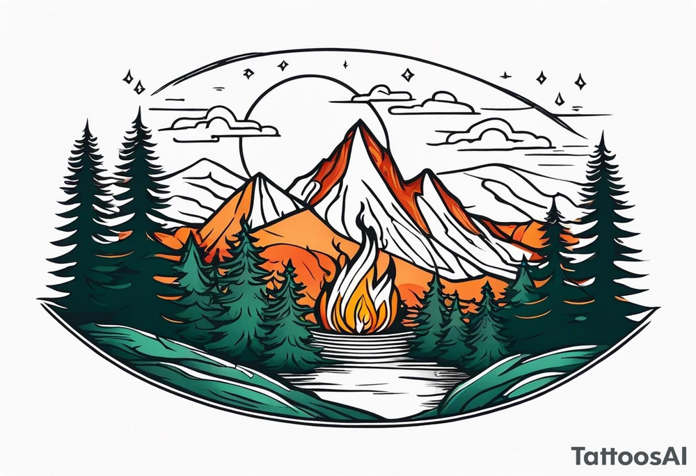 Small campfire in the center, right side: an evergreen tall tree, left side: mountain stream tattoo idea