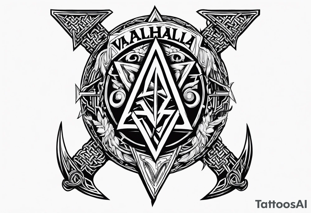Valhalla sword round
shield axe barbed wire chains dark cloud lightning valknut tattoo idea