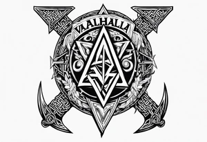 Valhalla sword round 
shield axe barbed wire chains dark cloud lightning valknut tattoo idea