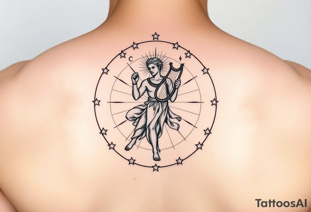 For the tattoo, you could have Apollo at the center of the constellation or circle of stars, holding his lyre (which represents harmony and creativity) or a bow (symbolizing precision and aiming toward your goals). His radiance could emanate outward, subtly merging with the stars or constellation, representing how your potential—though it might still be unfolding—is being guided and illuminated by his influence.

You could also place the one "unreached" star just slightly outside of the central circle, with Apollo’s light reaching toward it, signifying that while you may not have fully realized your potential yet, it's something that Apollo's guidance can help bring into focus tattoo idea
