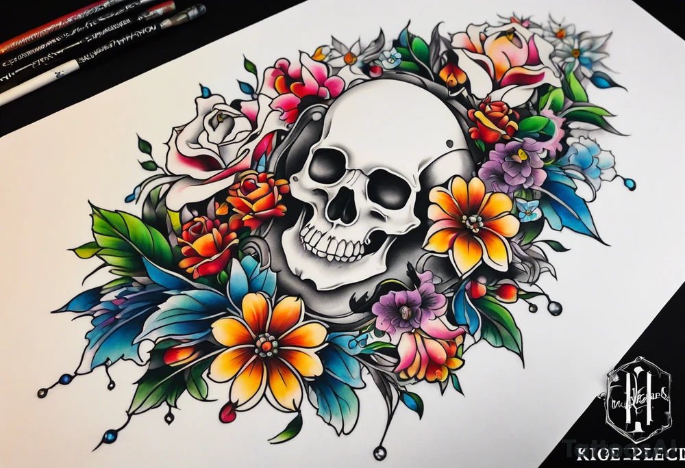 Neo traditional floral chest piece tattoo with small animal skulls and crystals tattoo idea