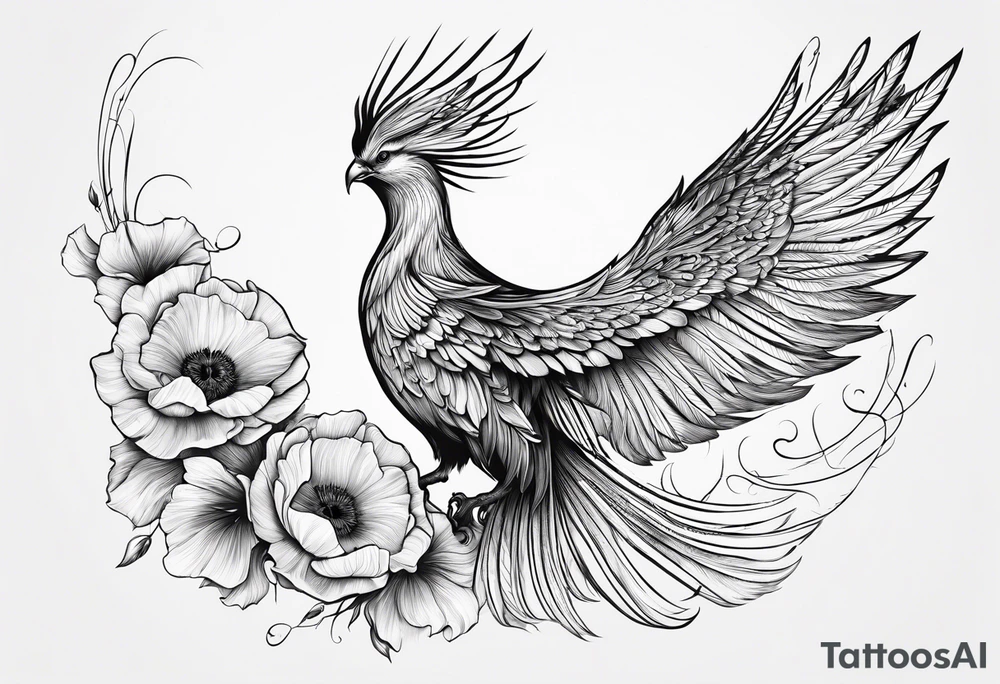 elongated phoenix in flight
in profile long tail with claws holding poppies falling tattoo idea