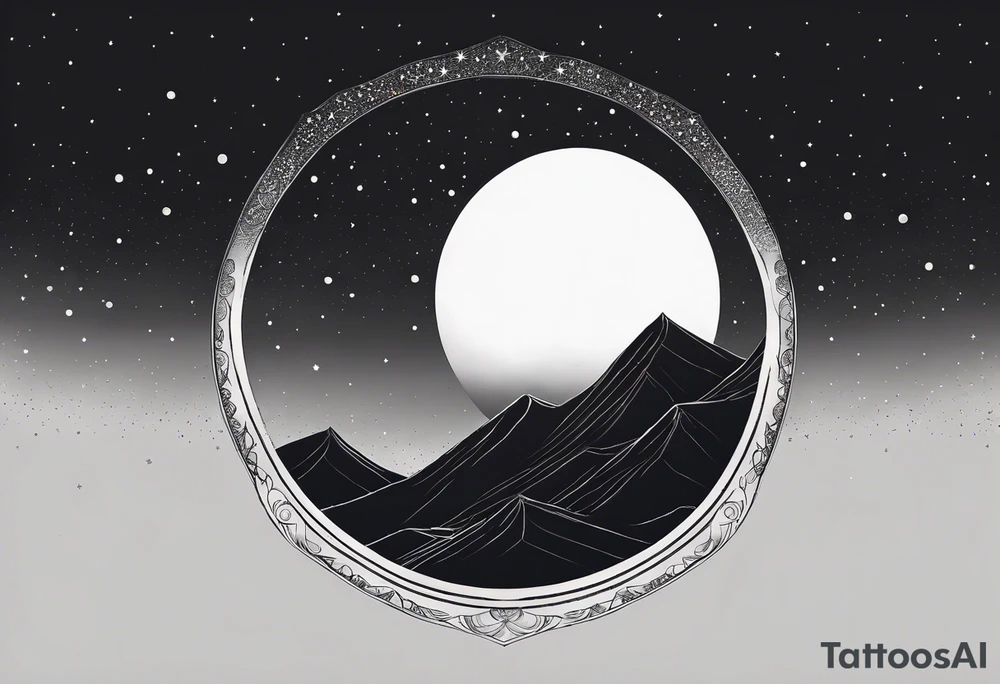 A crescent moon surrounded by the subtle glow of twilight, with faint stars in the background. The moon could have beams of light gently guiding the way forward, perhaps with a horizon line at the bottom. tattoo idea