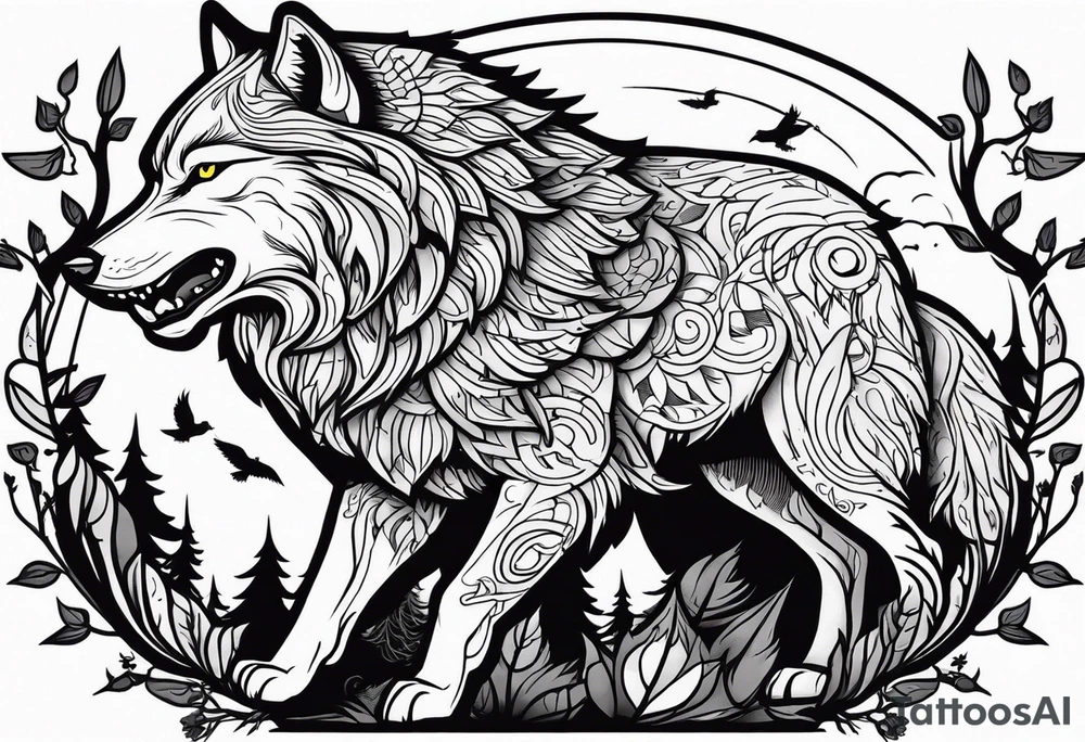 A powerful Wolf ist carrying a crow on His back
Background Woods and thorns tattoo idea