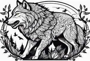 A powerful Wolf ist carrying a crow on His back
Background Woods and thorns tattoo idea