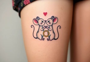 Two kissing mice holding two wedding rings tattoo idea