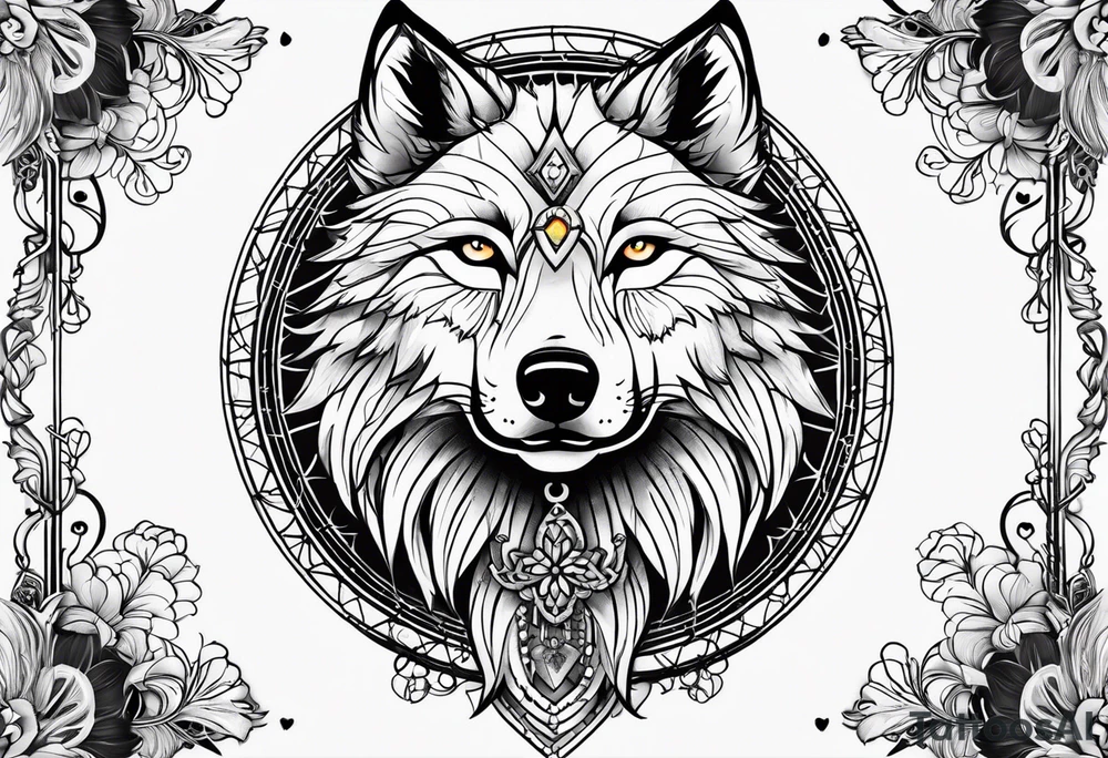 Dream catcher with a wolf head, four leaf clover and a scroll tattoo idea
