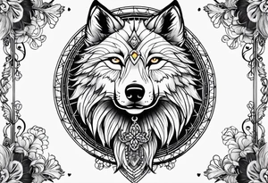Dream catcher with a wolf head, four leaf clover and a scroll tattoo idea