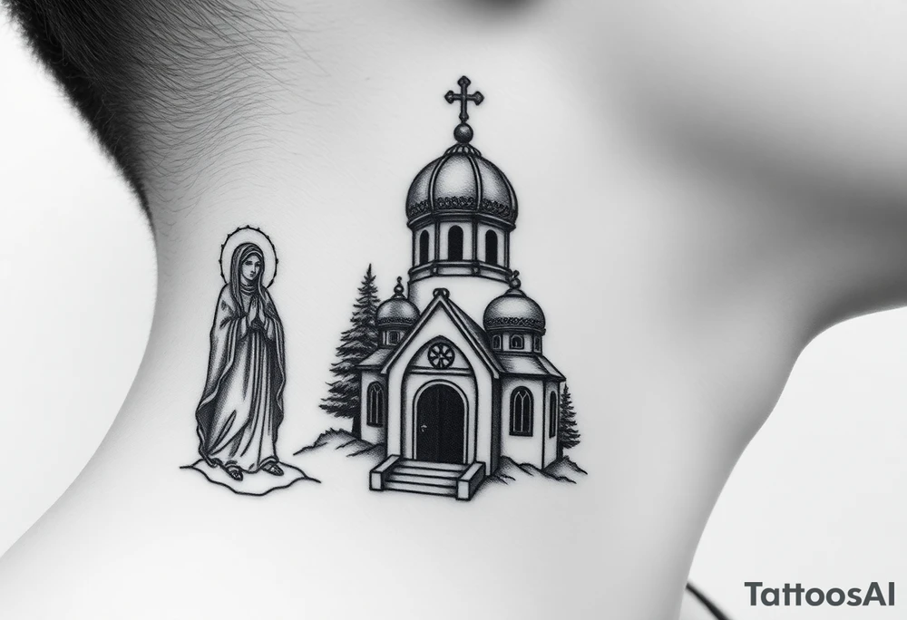 russian design traditional virgin mary stood beside the entrance of a russian orthodox dome church on the side of the neck in a wilderness setting with the design on the side of the neck tattoo idea