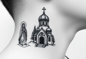 russian design traditional virgin mary stood beside the entrance of a russian orthodox dome church on the side of the neck in a wilderness setting with the design on the side of the neck tattoo idea