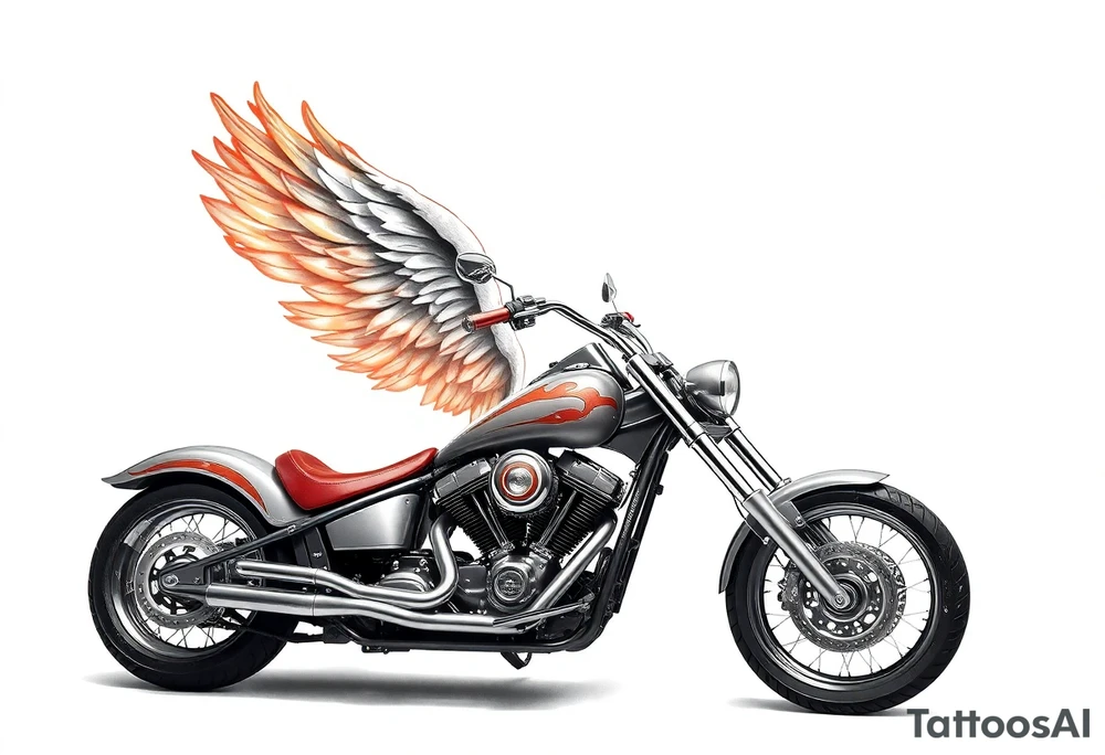 Low rider grey motorcycle, flames, angel wings tattoo idea