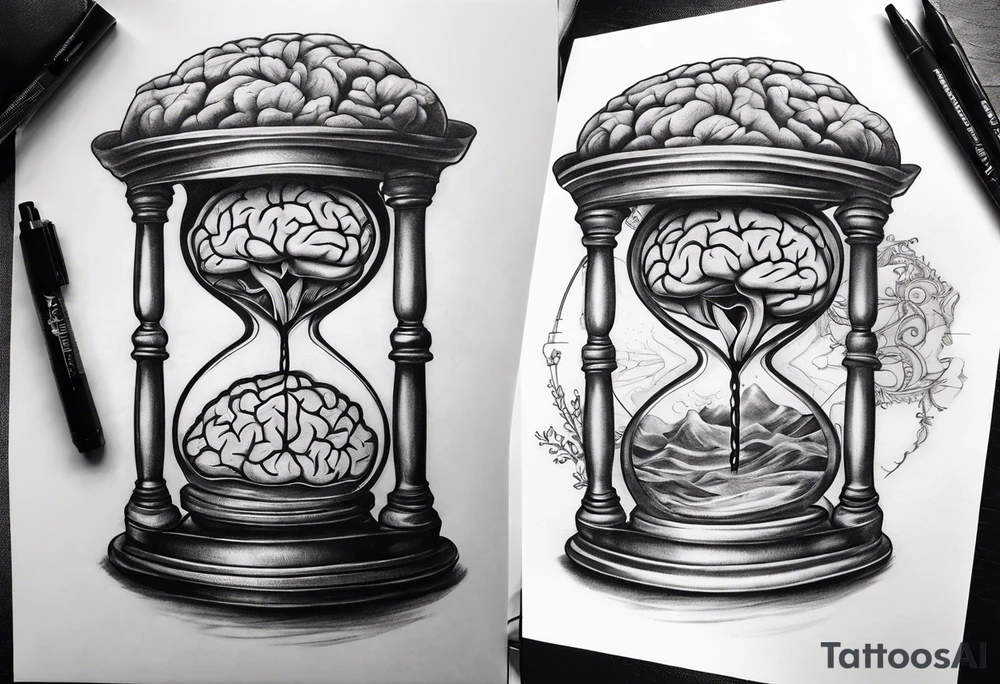 Human anatomical brain inside hourglass tattoo idea