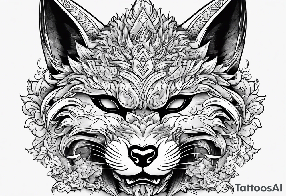 Split one side kitsune, other side oni mask tattoo idea Split one side kitsune, other side oni mask tattoo idea