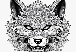 Split one side kitsune, other side oni mask tattoo idea